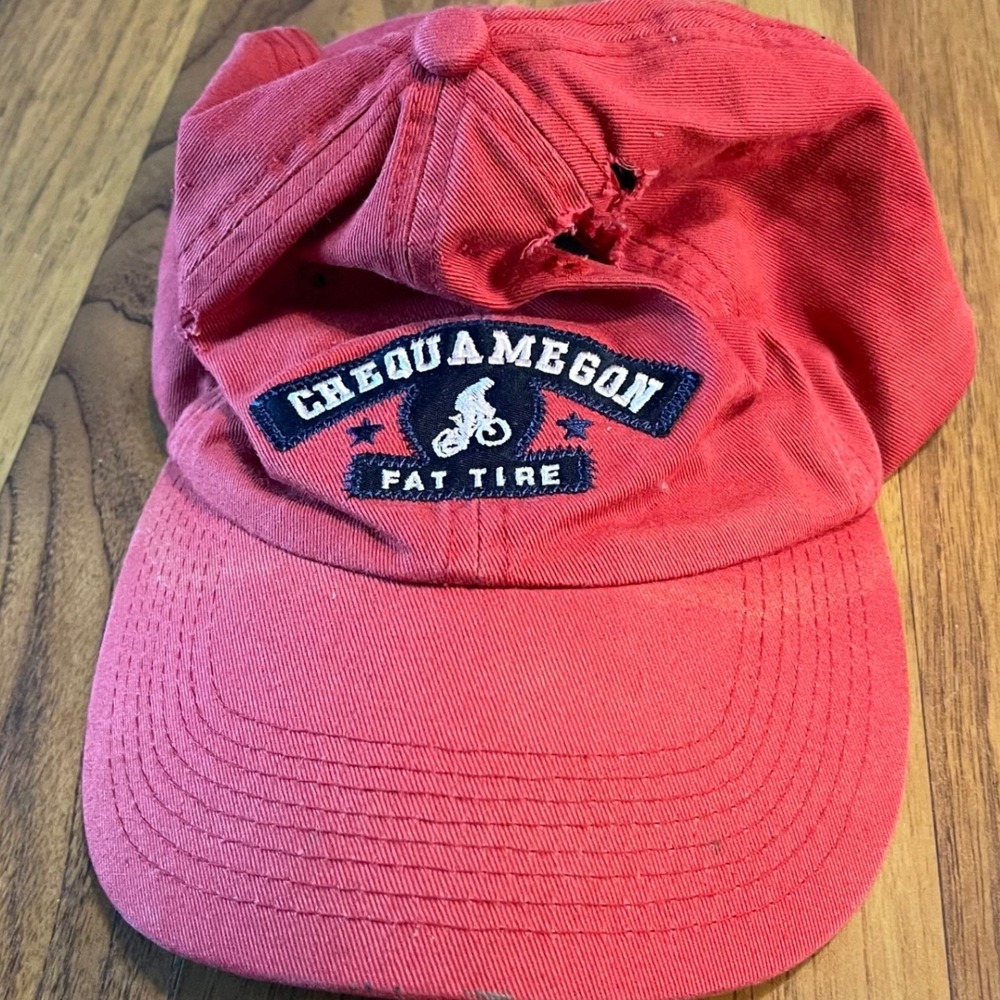 Perrin Chequamegon Fat Tire Hat Red Cotton Distressed EMT Biking Cap Adjustable